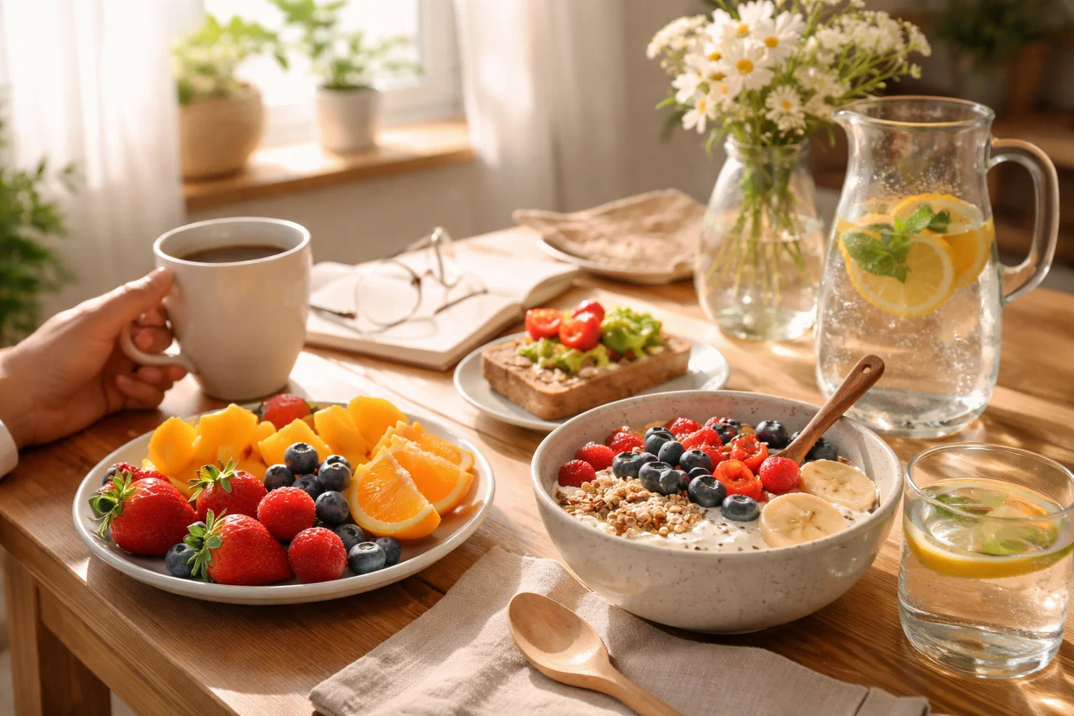 morning routine with healthy breakfast, natural light, peaceful atmosphere, fresh fruits and water on table