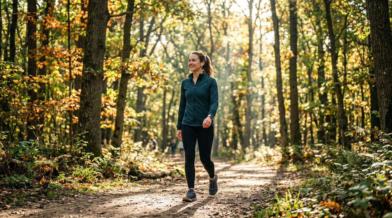 person walking in nature park, outdoor exercise, active lifestyle, sunlight through trees